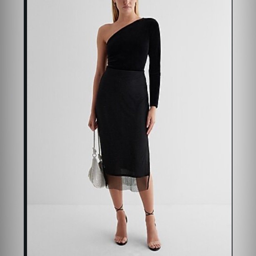 NWT Express Super High Waisted Rhinestone Mesh Midi Pencil Skirt Sz M Black